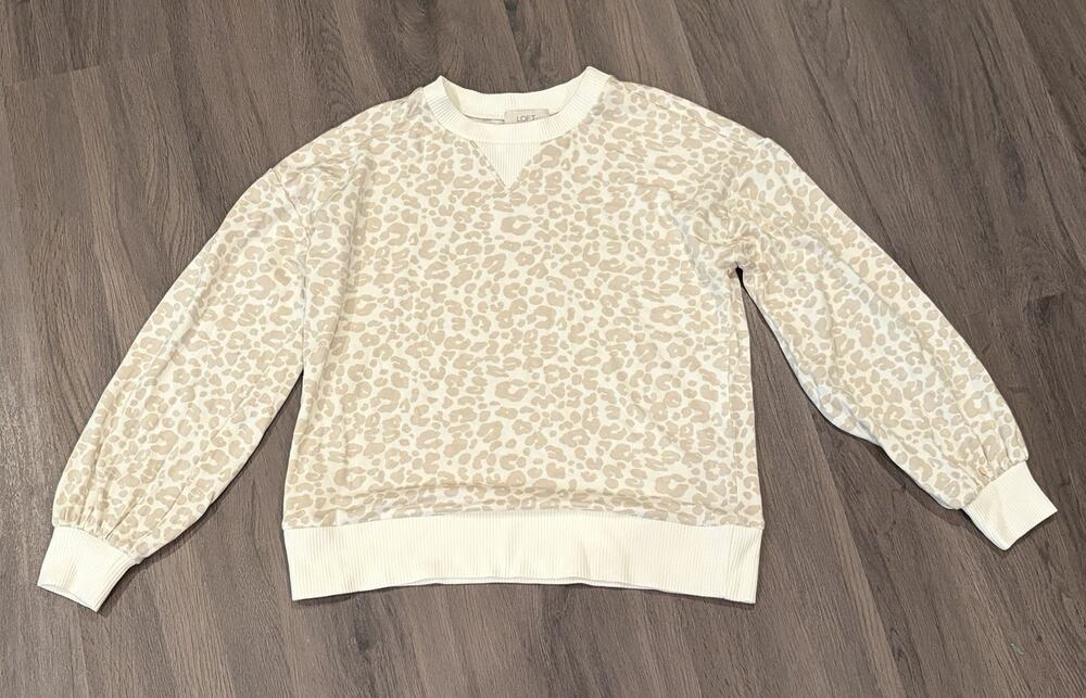 LOFT Outlet Ivory Beige Leopard Knit Women’s Crew Neck Pullover Sweater XS